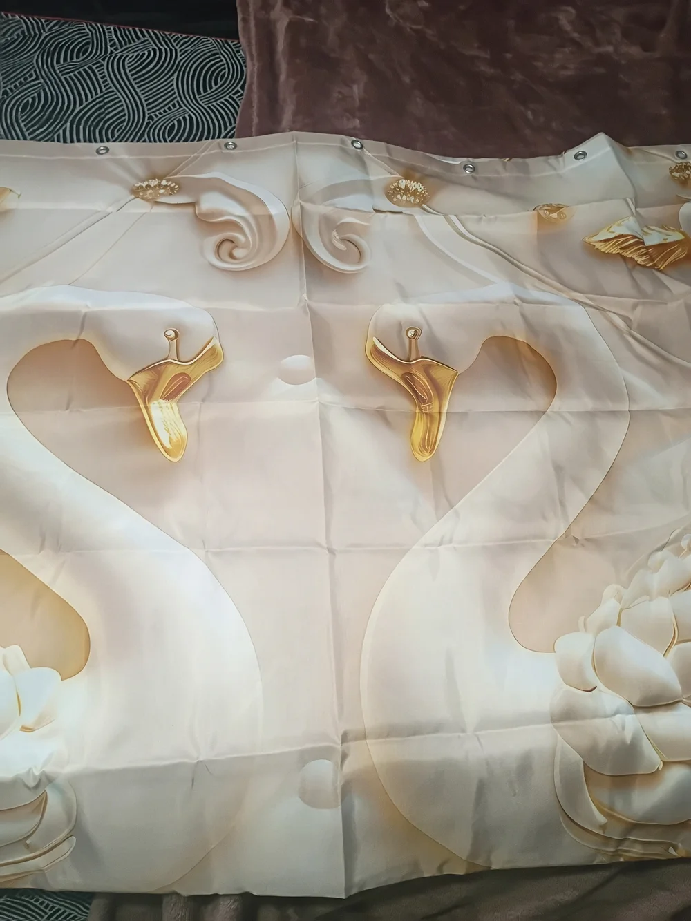 Elegant Gold and Cream Luxury Swan Bathroom Shower Curtain New